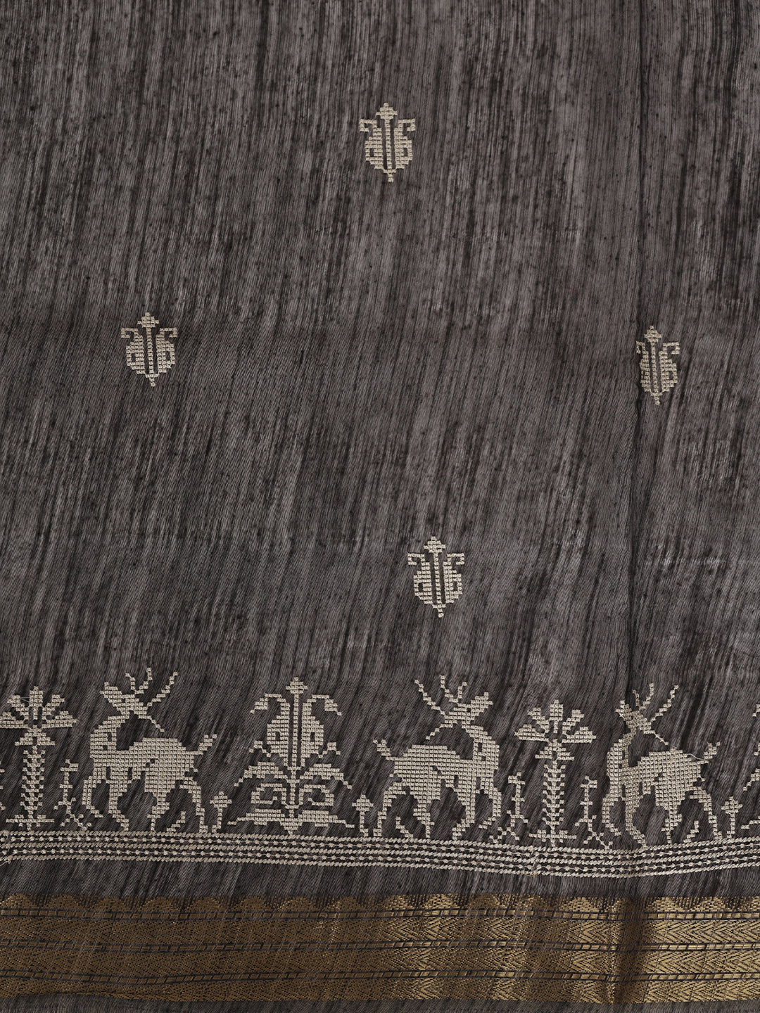 Women Semi Linen Dark Grey Embroidered Saree SL272