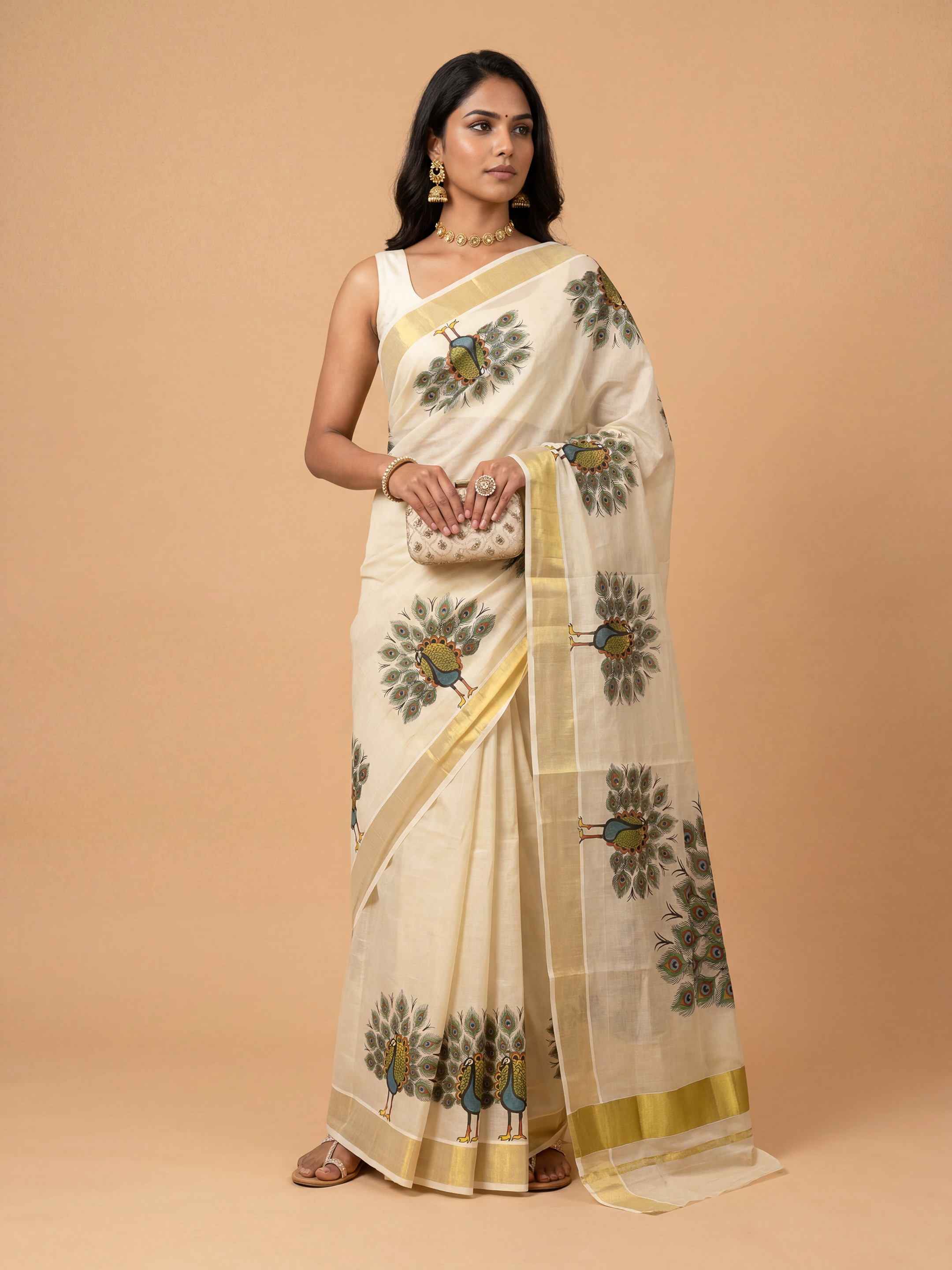 Women Kerala Peacock Printed Cream Saree KLS26
