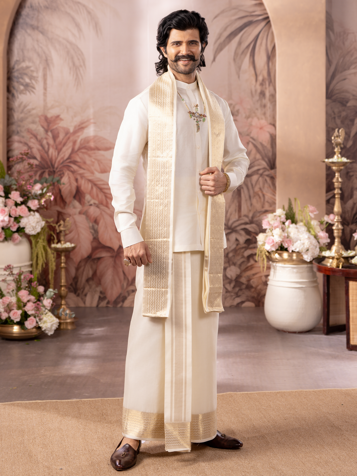 LAGNAA Premium Pure Silk Cream 3X1 Set | Dhoti / Panchakacham, Shirting Fabric & Towel Set | 4-Inch Jari Border | Rajdharbar