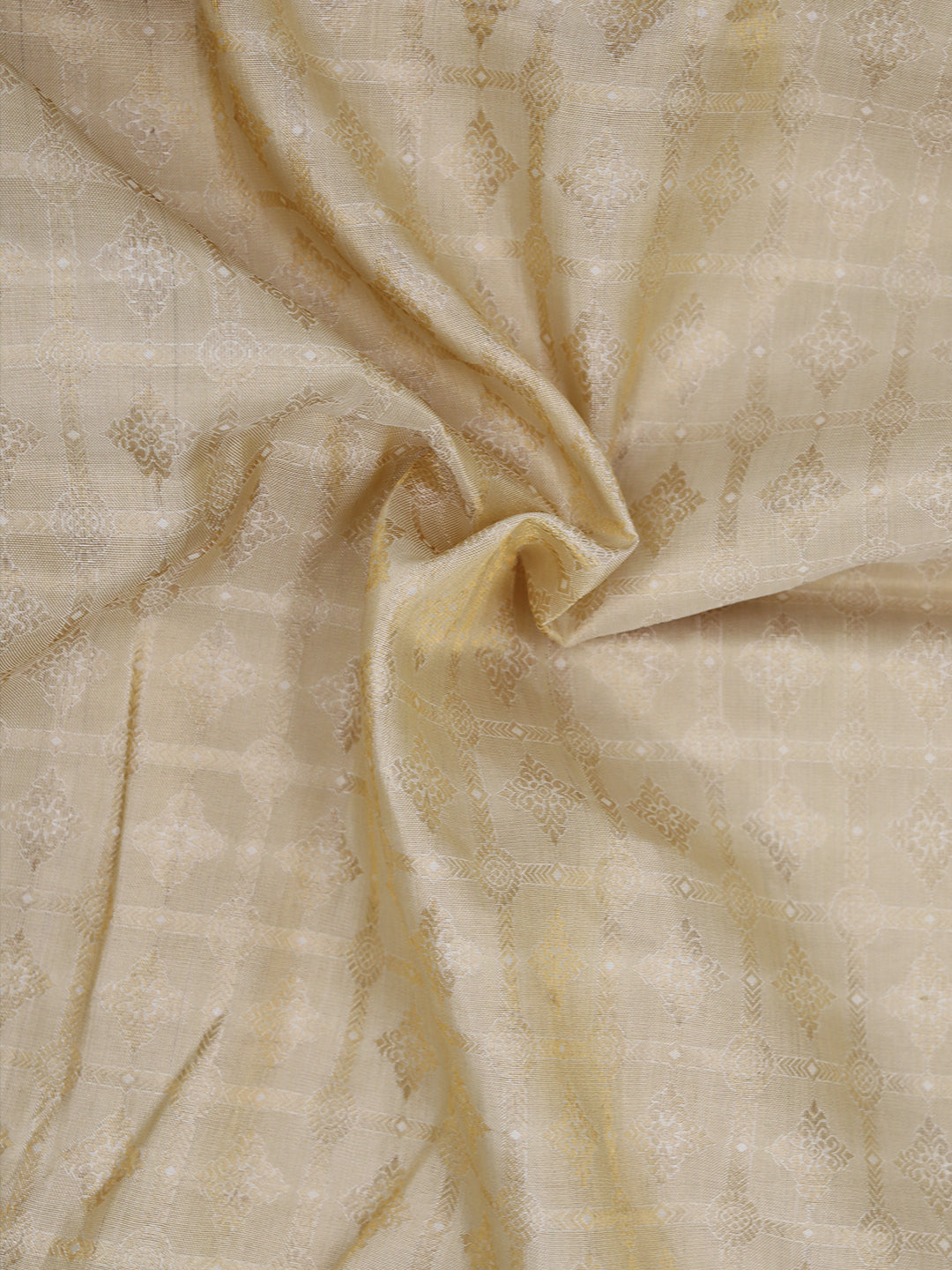 Men Pure Silk Tissue Embossed Golden Dhoti and Towel Set with 5" inch Jari Border Thirukalyan