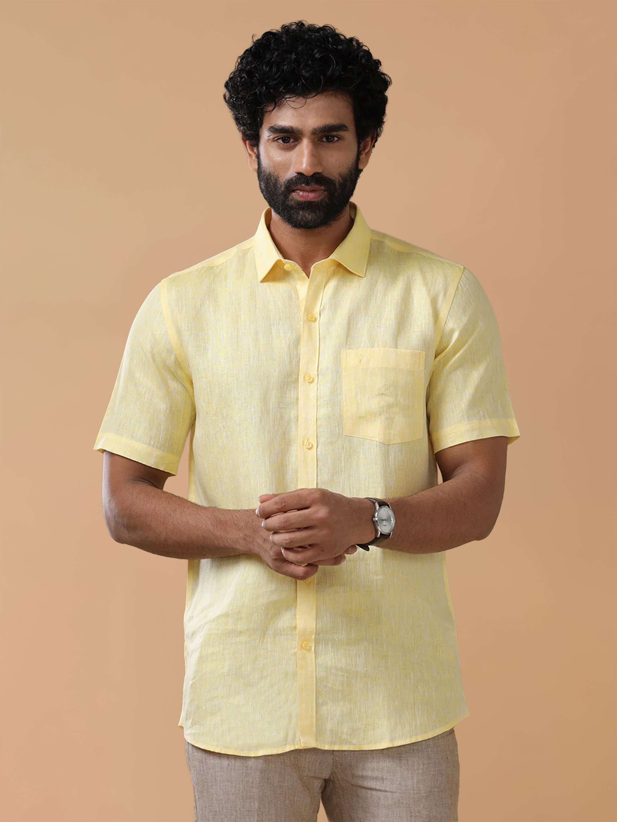 Pure Linen Pale Yellow Smart Fit Shirt L5