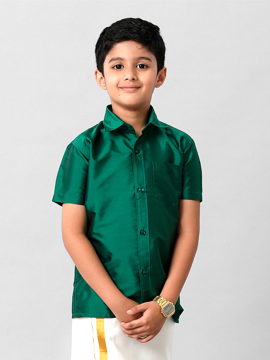 Boys Silk Cotton Dark Green Half Sleeves Shirt K9-Front view