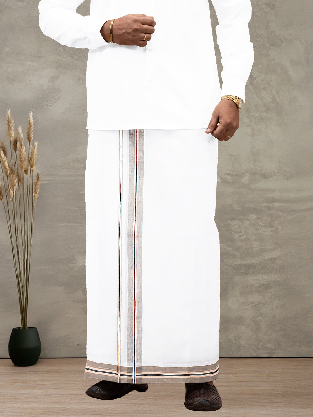 Men 100% Cotton Double Layer White Dhoti with Fancy Jari Border EJF11