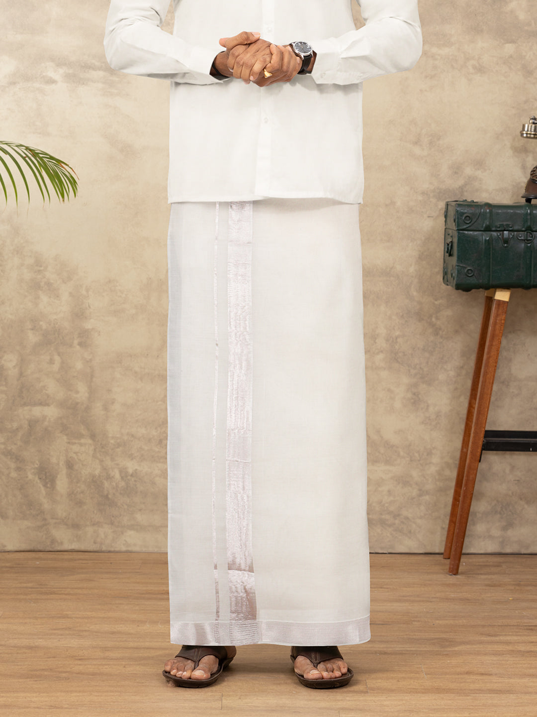 Men Kora Cotton Double Layer Dhoti with Silver Jari Border