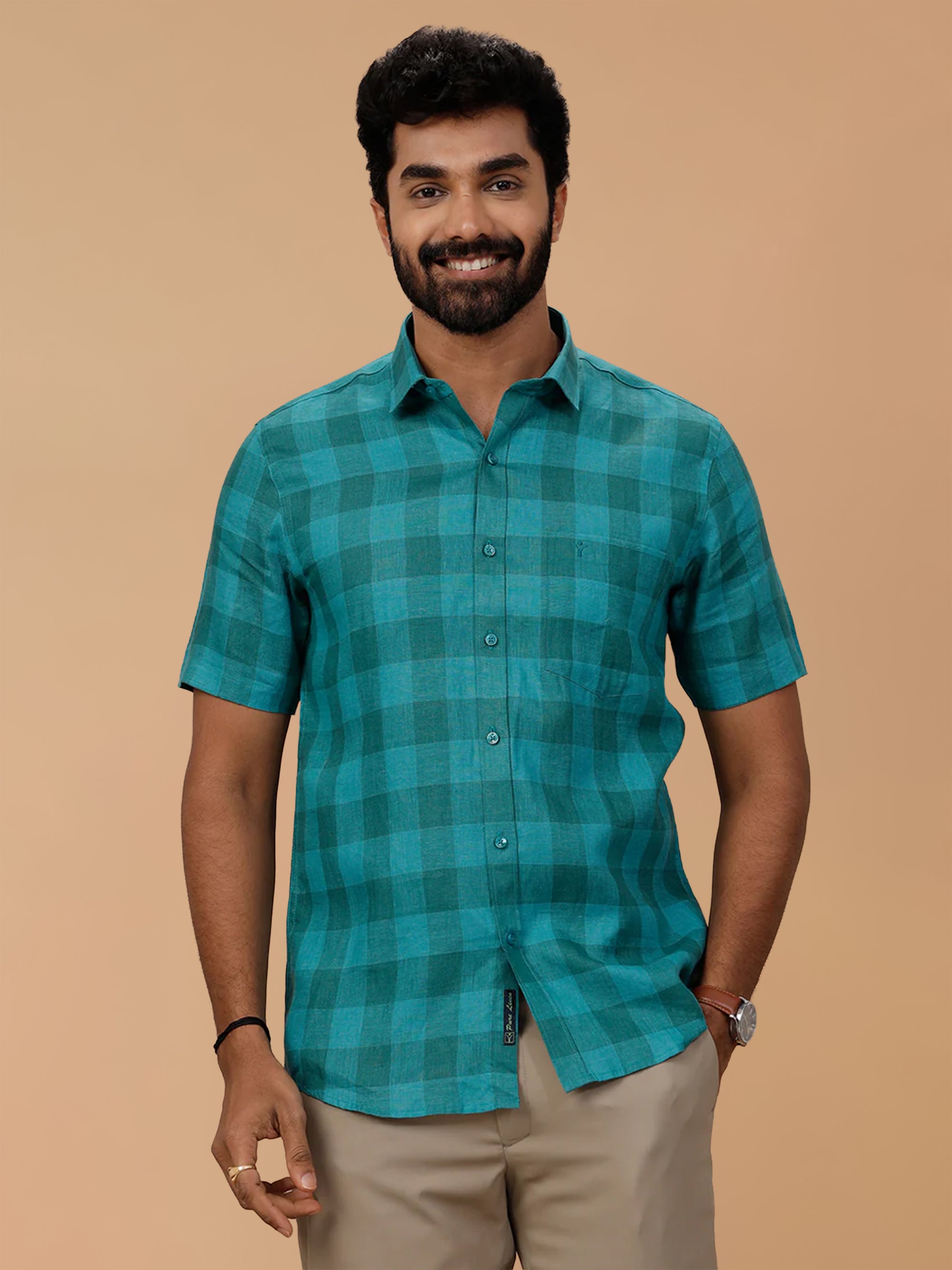 Pure Linen Big Checked Green Smart Fit Shirt LS78
