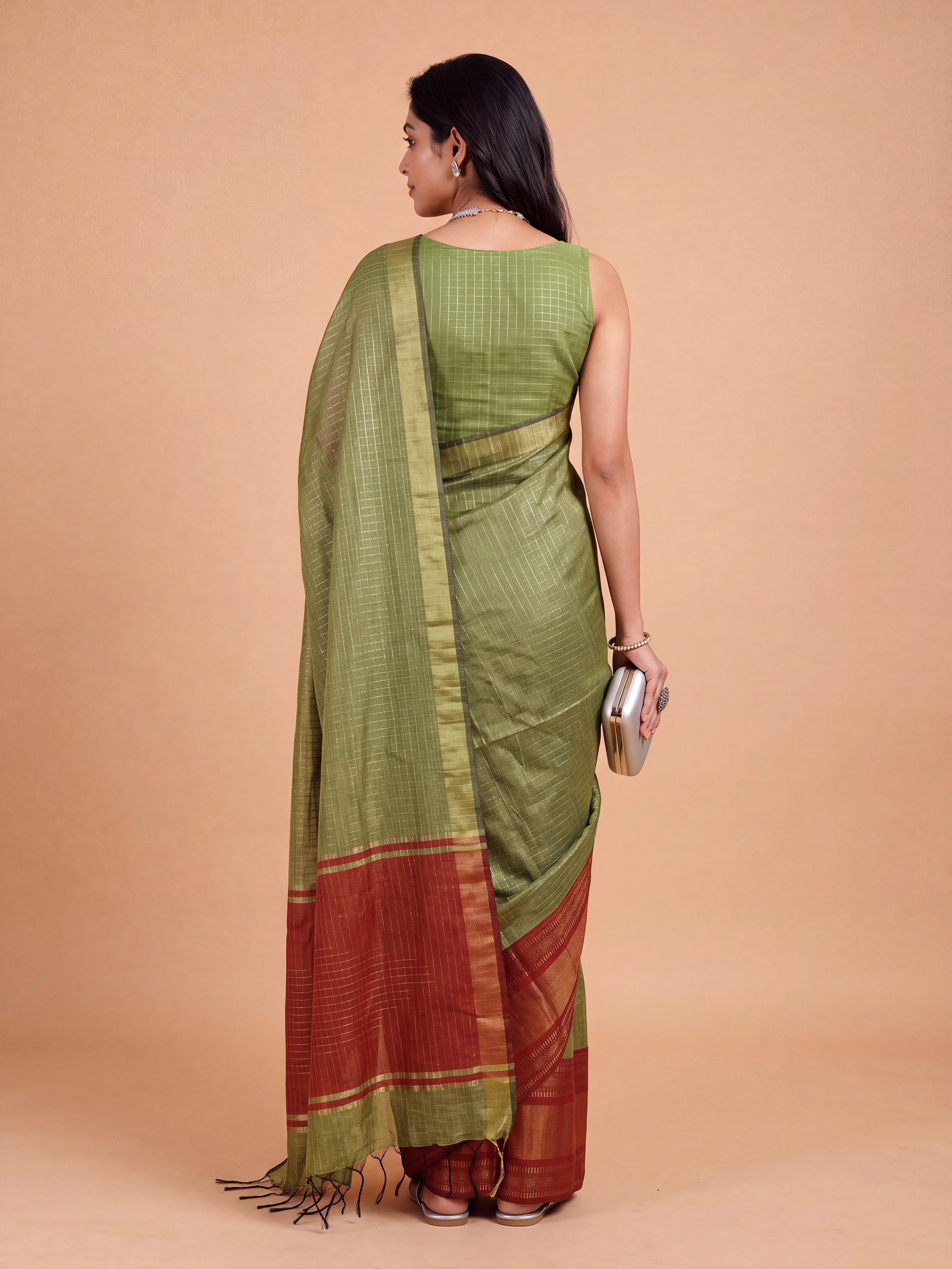 Women Semi Linen Green Checked Fancy Saree SL263