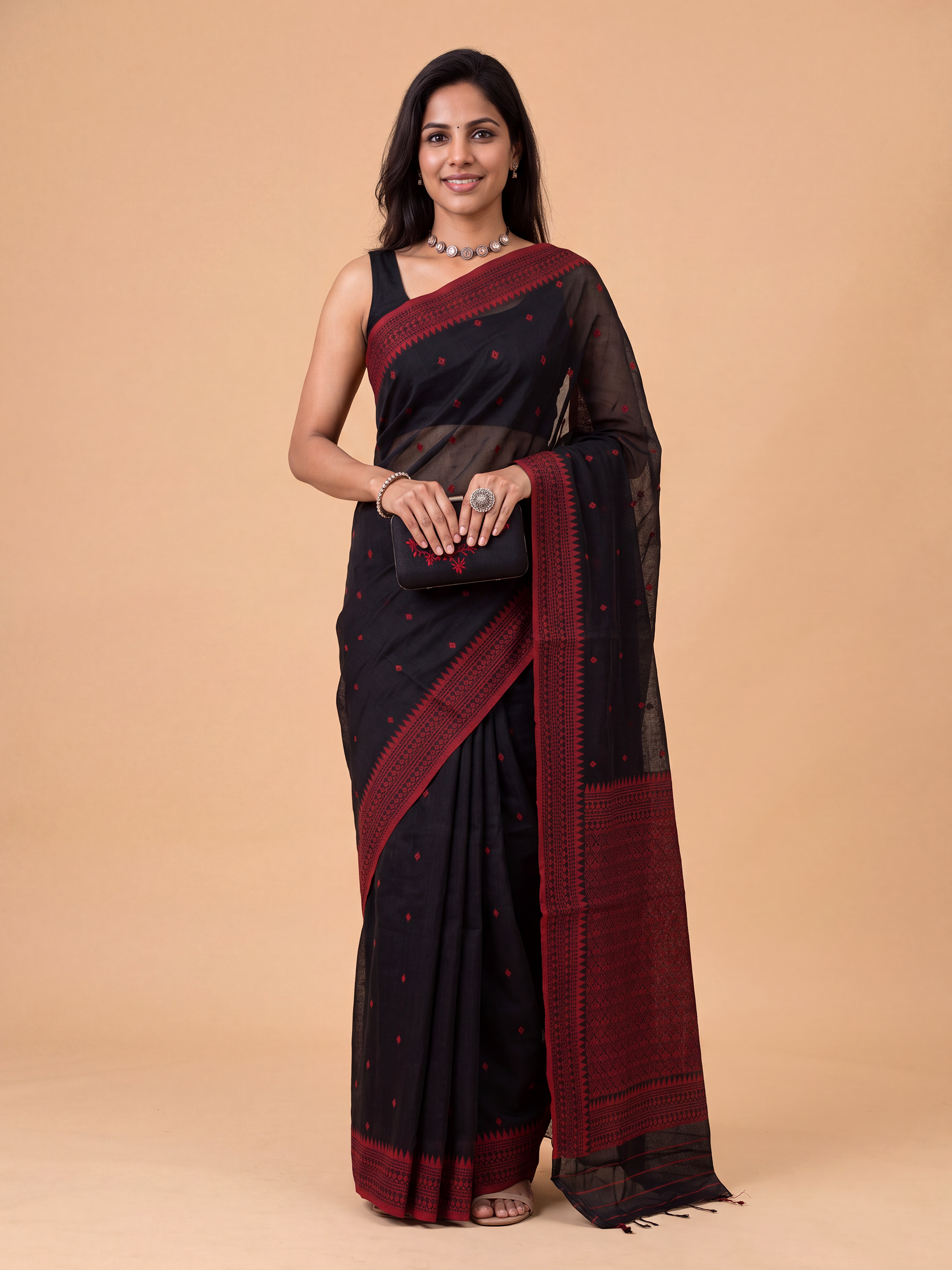 Women Black with Red Kora Cotton Saree SK137