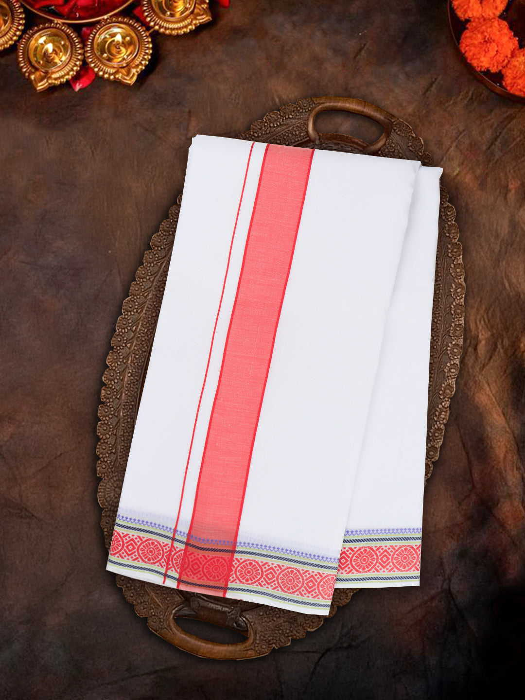 Men Cotton Red Fancy Border Panchakacham with Angavasthram Srirasthu(9+5) SR44