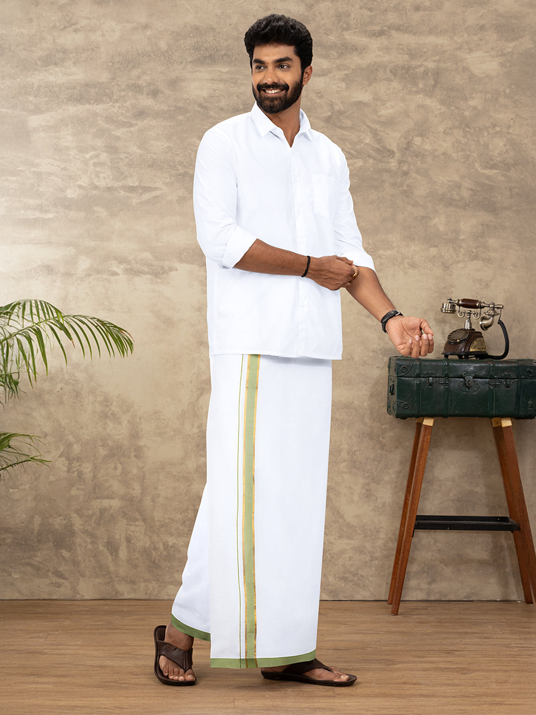 Men Cotton Blend Readymade Double Layer White Dhoti with Fancy Jari Border GFDA12