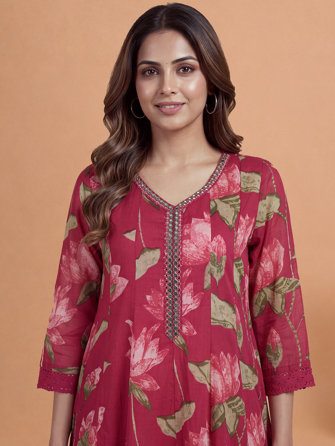 Women Printed & Embroidered Dark Pink Kurti Set EKS148