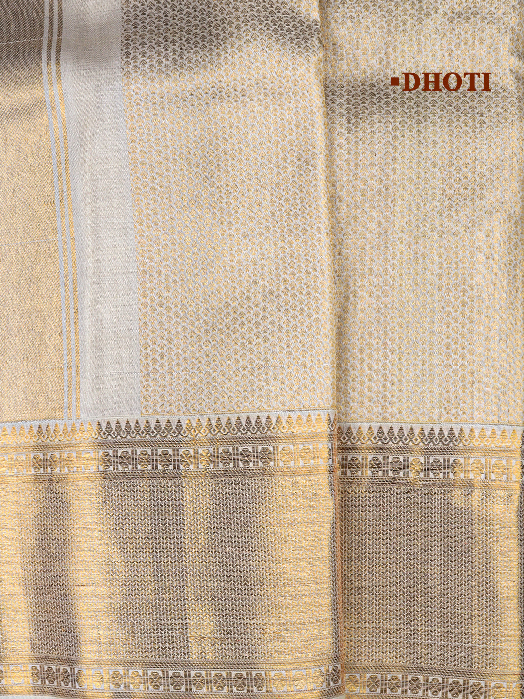 Men Luxury Premium Pure Silk Cream Dhoti & Towel Set with 6" inch Gold Jari Border Amirtham AM13