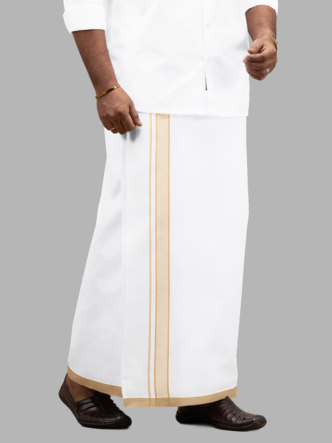 Men Single Layer Cotton Blend White Dhoti with Double Side Fancy Border HM 03
