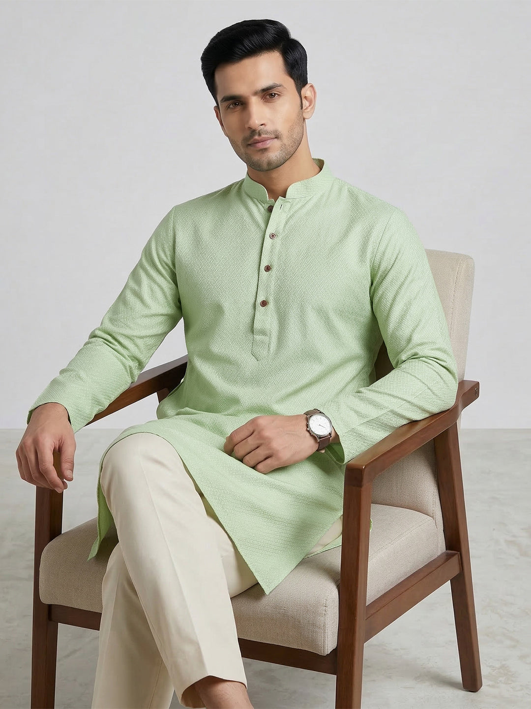 Men Cotton Medium Length Printed Pocket Kurta Mint Green MHJ4