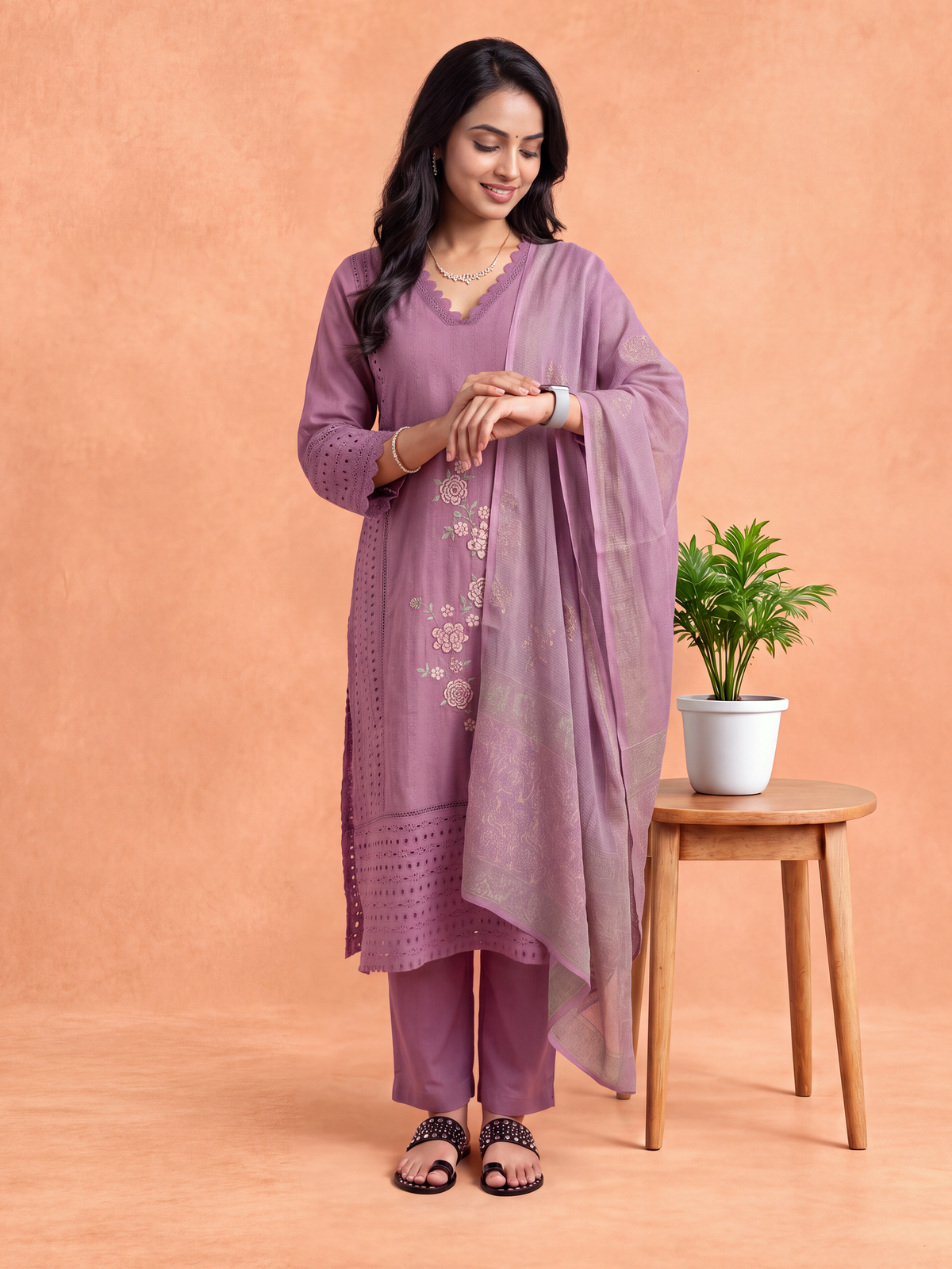 Women Embroidered Purple Kurti Set EKS153