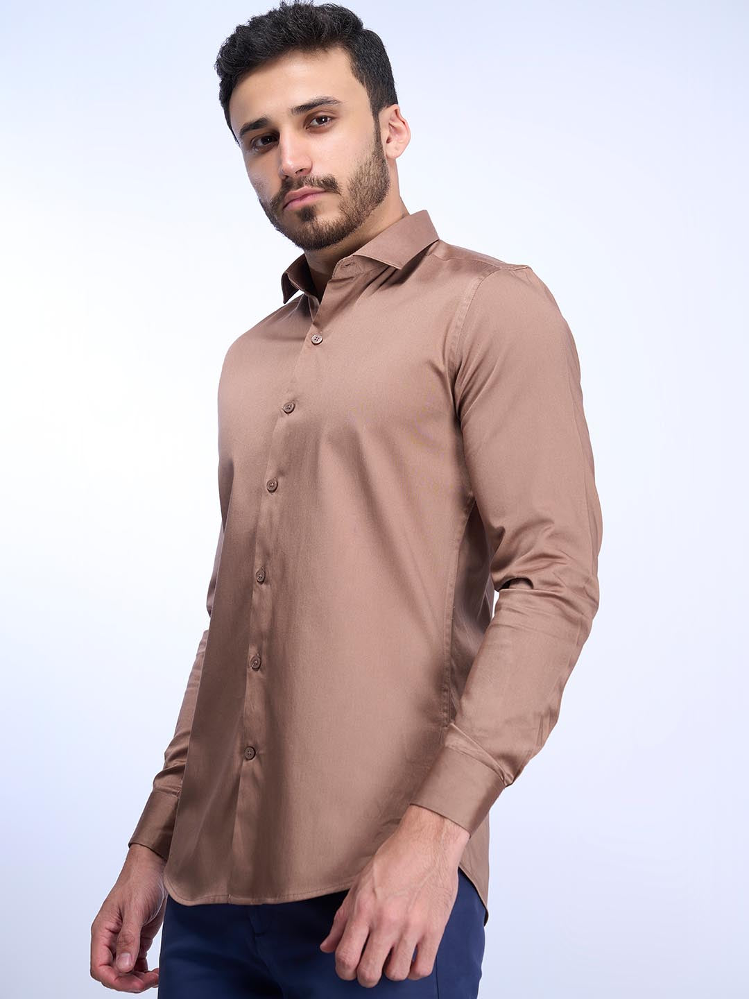 Men Stretch Cotton Shirt Light Brown FS9