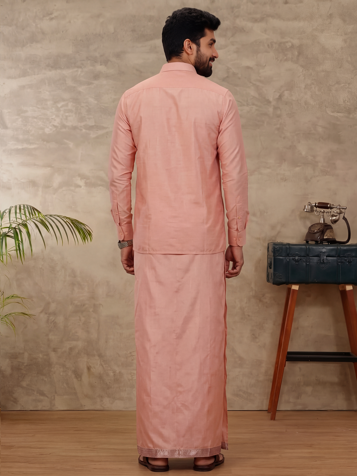 Art Silk Copper Tone Shirt with Dhoti & Towel Set