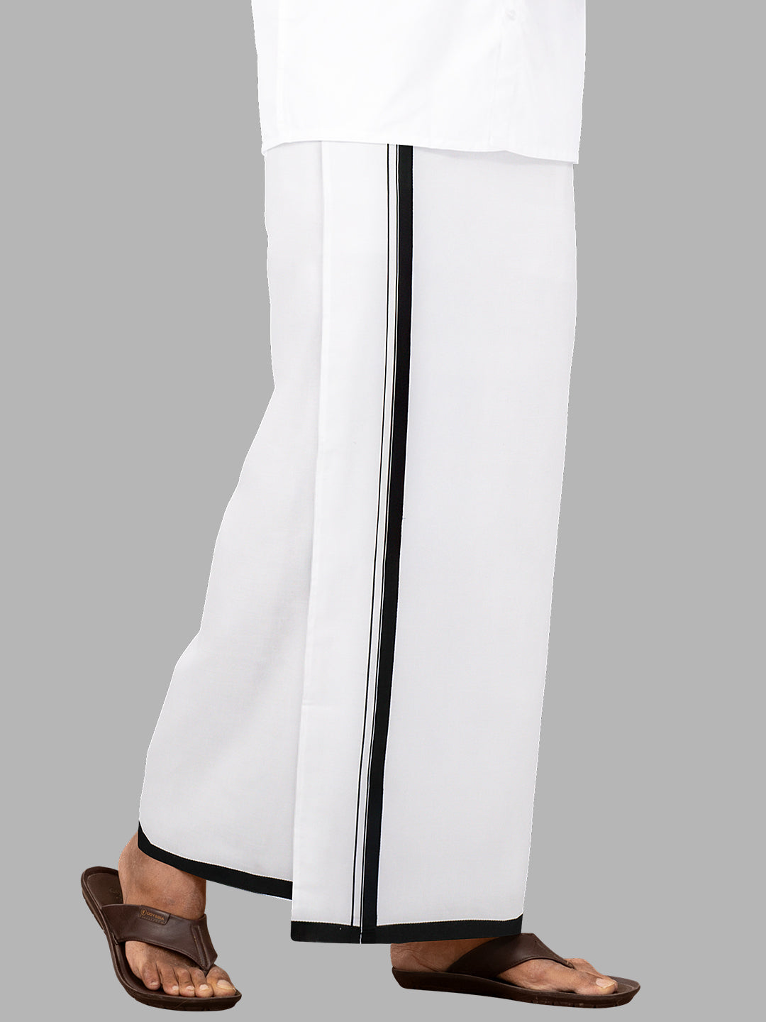 Men 100% Cotton Single Layer White Dhoti with Black Fancy Border Image
