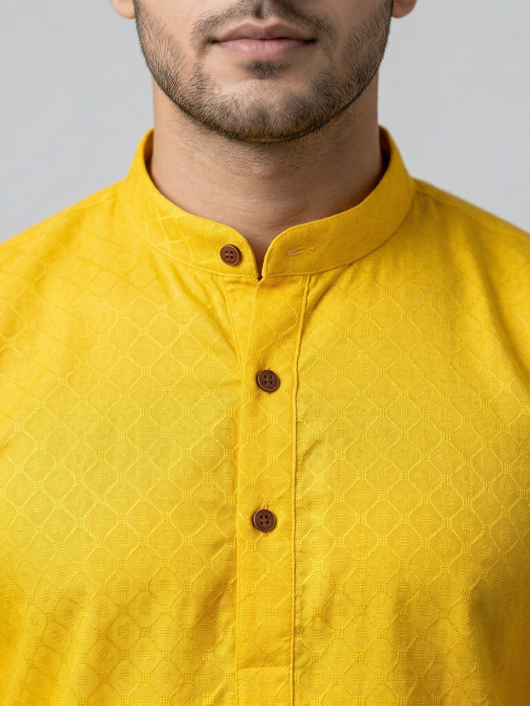 Cotton Medium Length Self Design Pocket Kurta Yellow D4