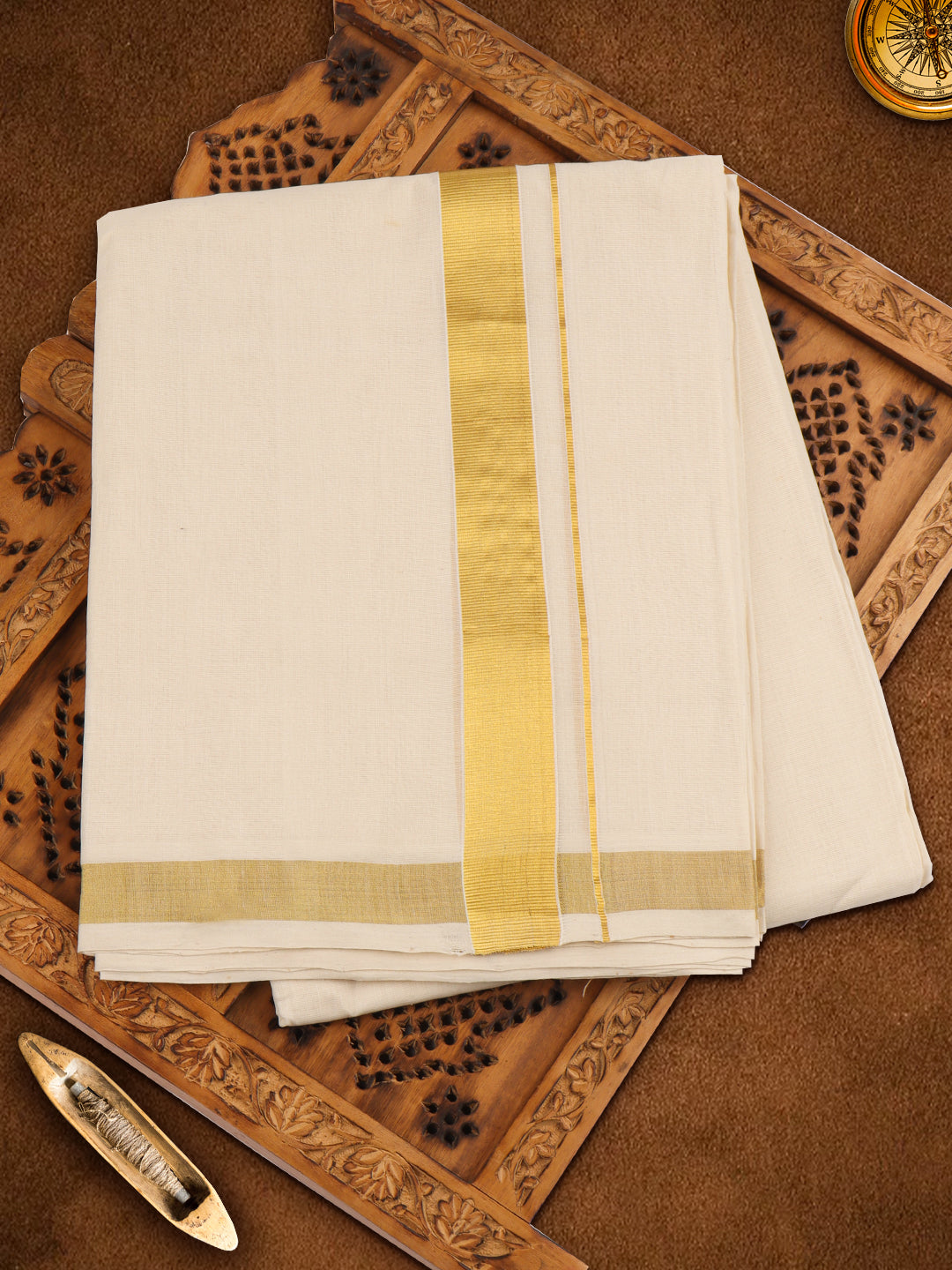 Men Premium Handloom Cream Dhoti with Jari Border HLM65