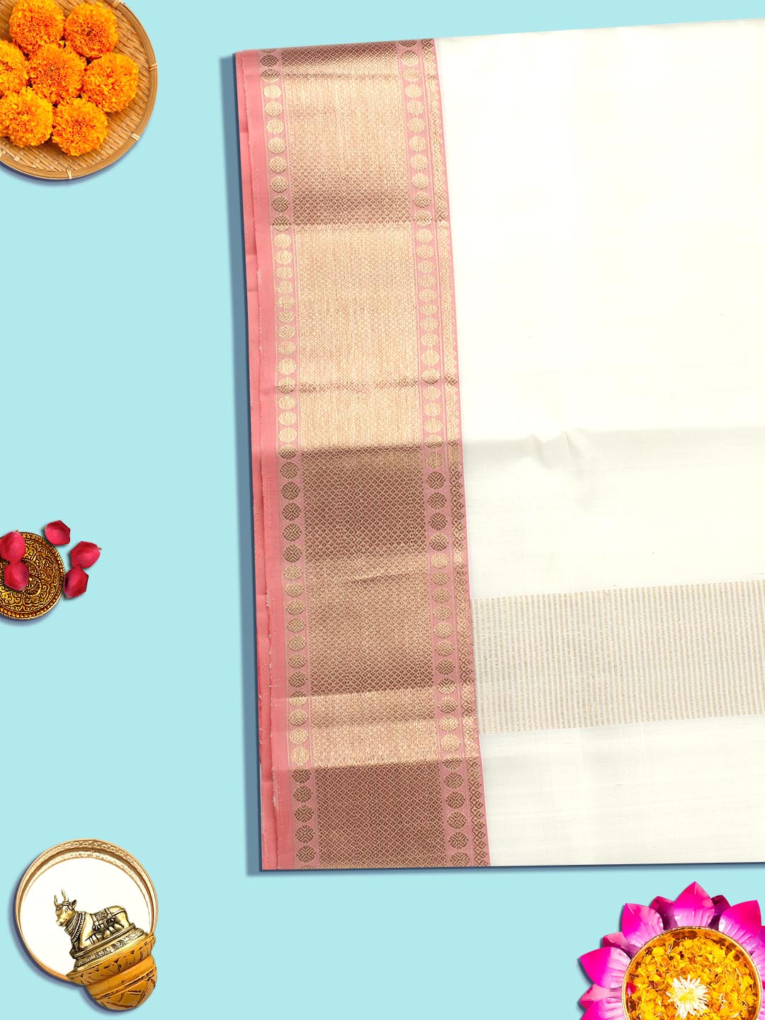 ens Premium Pure Silk Cream Dhoti With Angavastram,Pink gold Fancy Jari Border Amirtham-View three