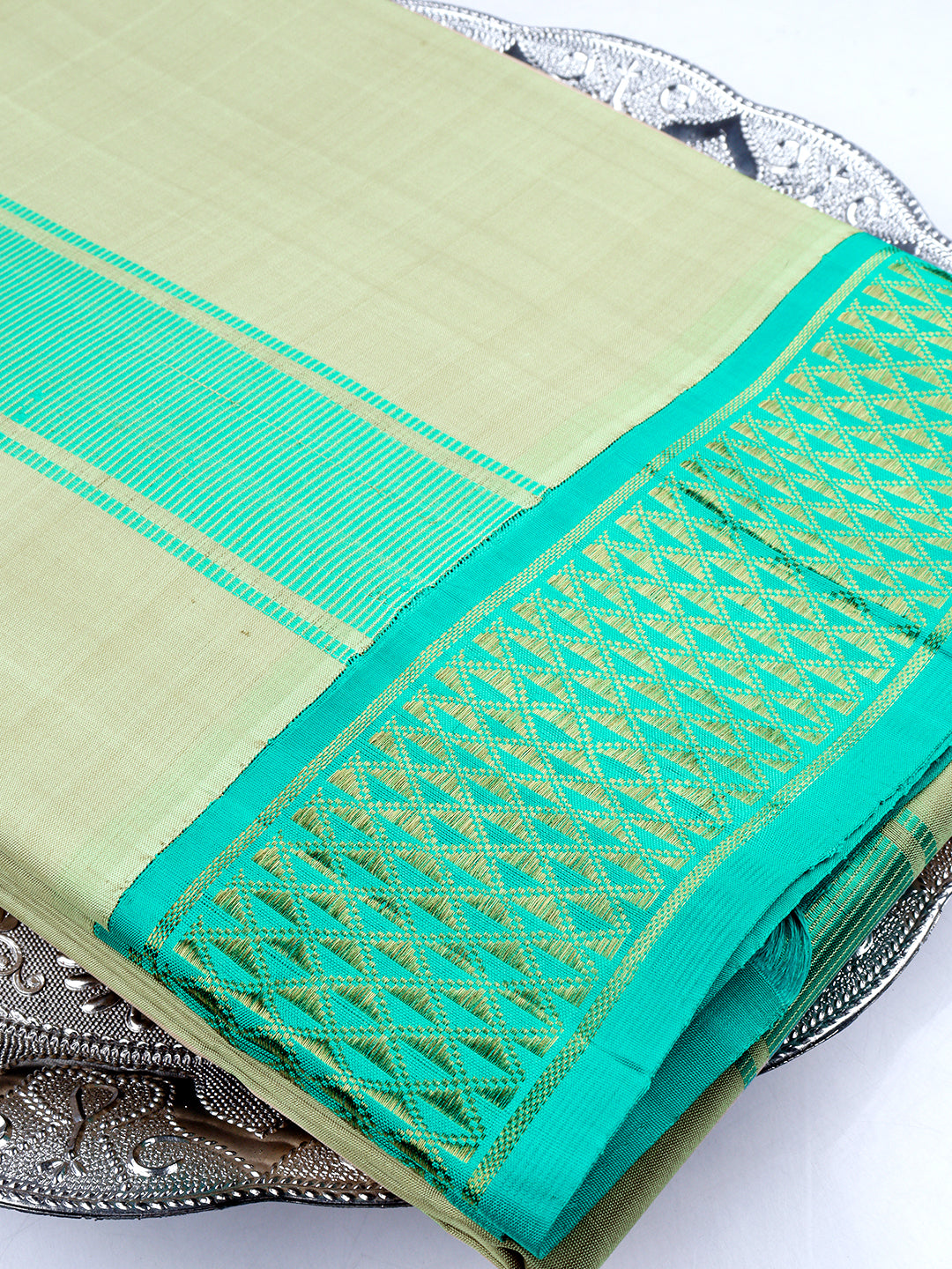 Premium Pure Silk Cream Dhoti With Angavastram 3" Blue Korvai Jari Border Agarshanaa-Zoom view