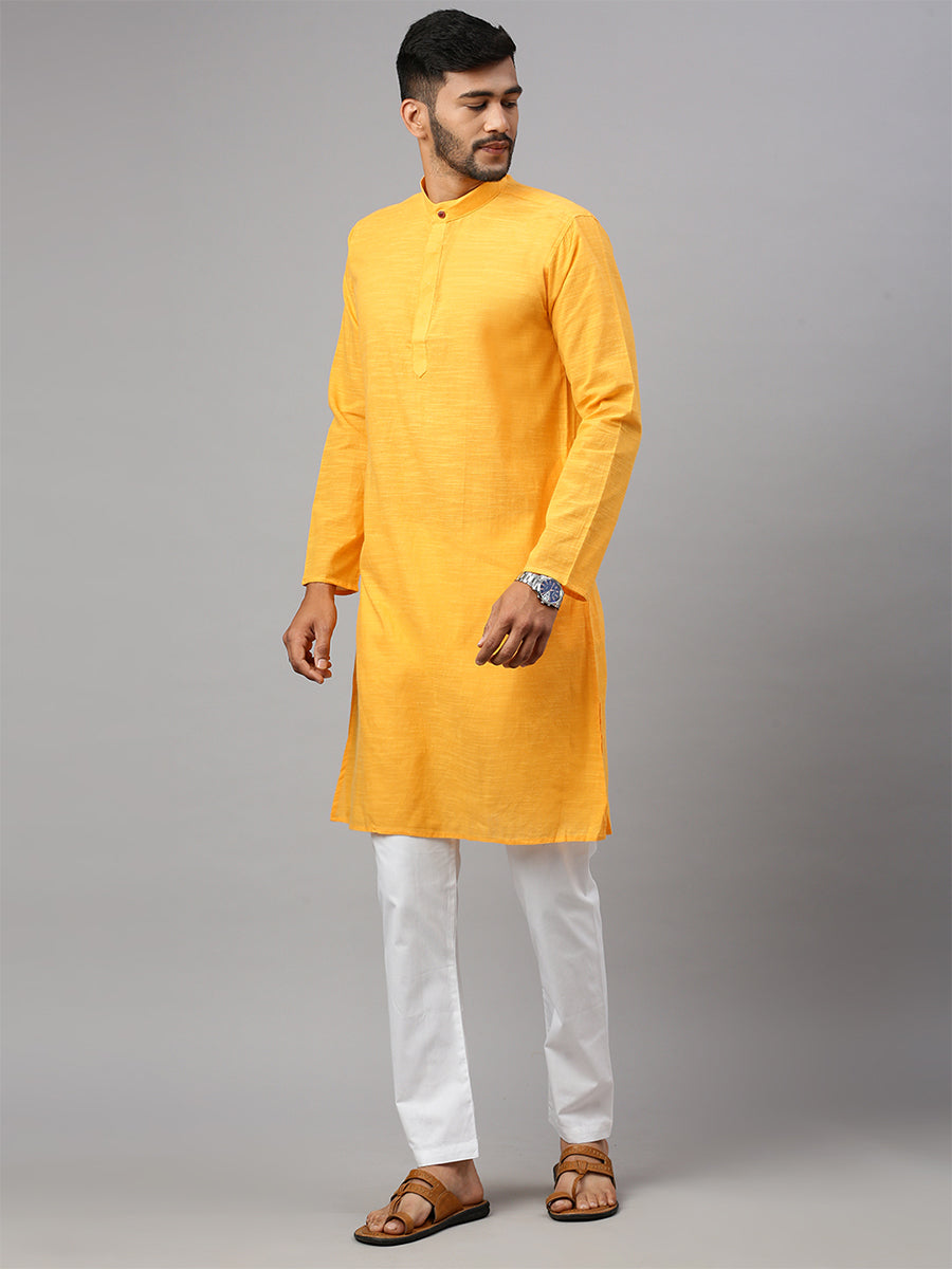 Mens Cotton Full Length Plain Pocket Kurta Yellow M17