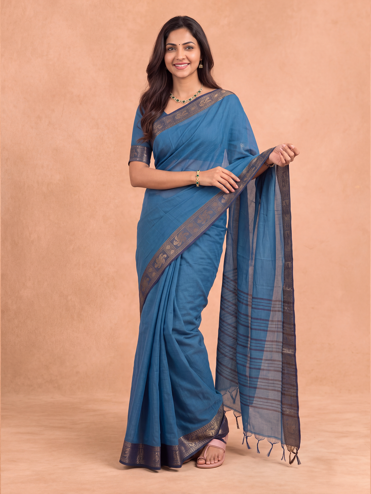 Women Chettinad Cotton Dark Blue Saree CCS24