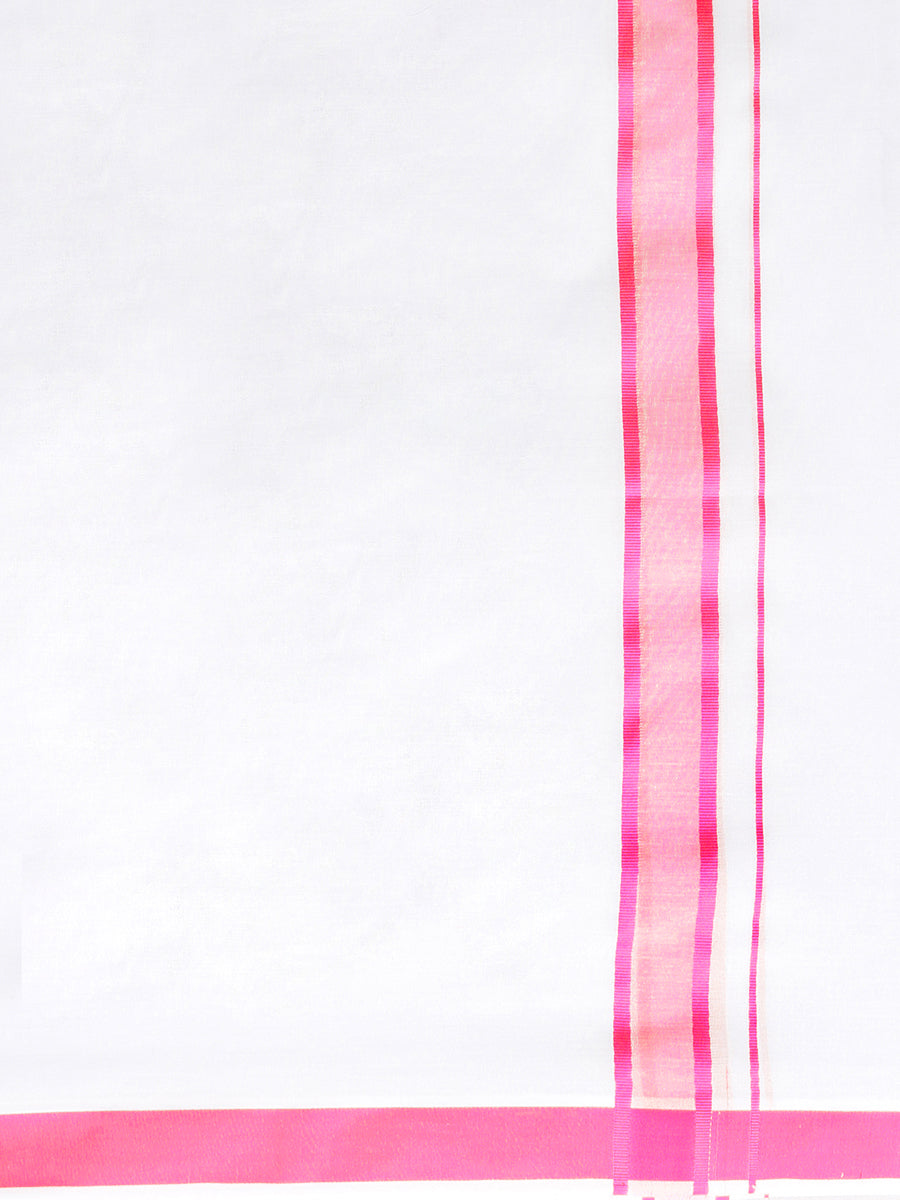 Mens 100% Cotton Double Dhoti White with Pink Border Ozone Plain-Zoomv iew