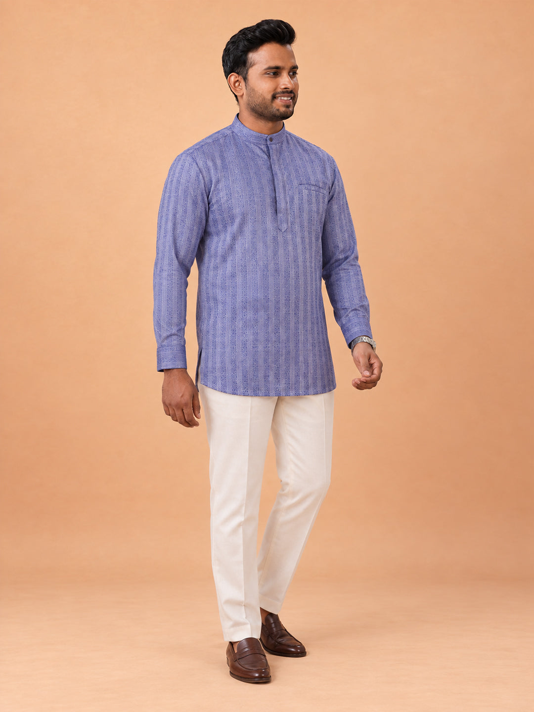 Cotton Short Length Self Design Pocket Kurta Blue Embriod RJ51
