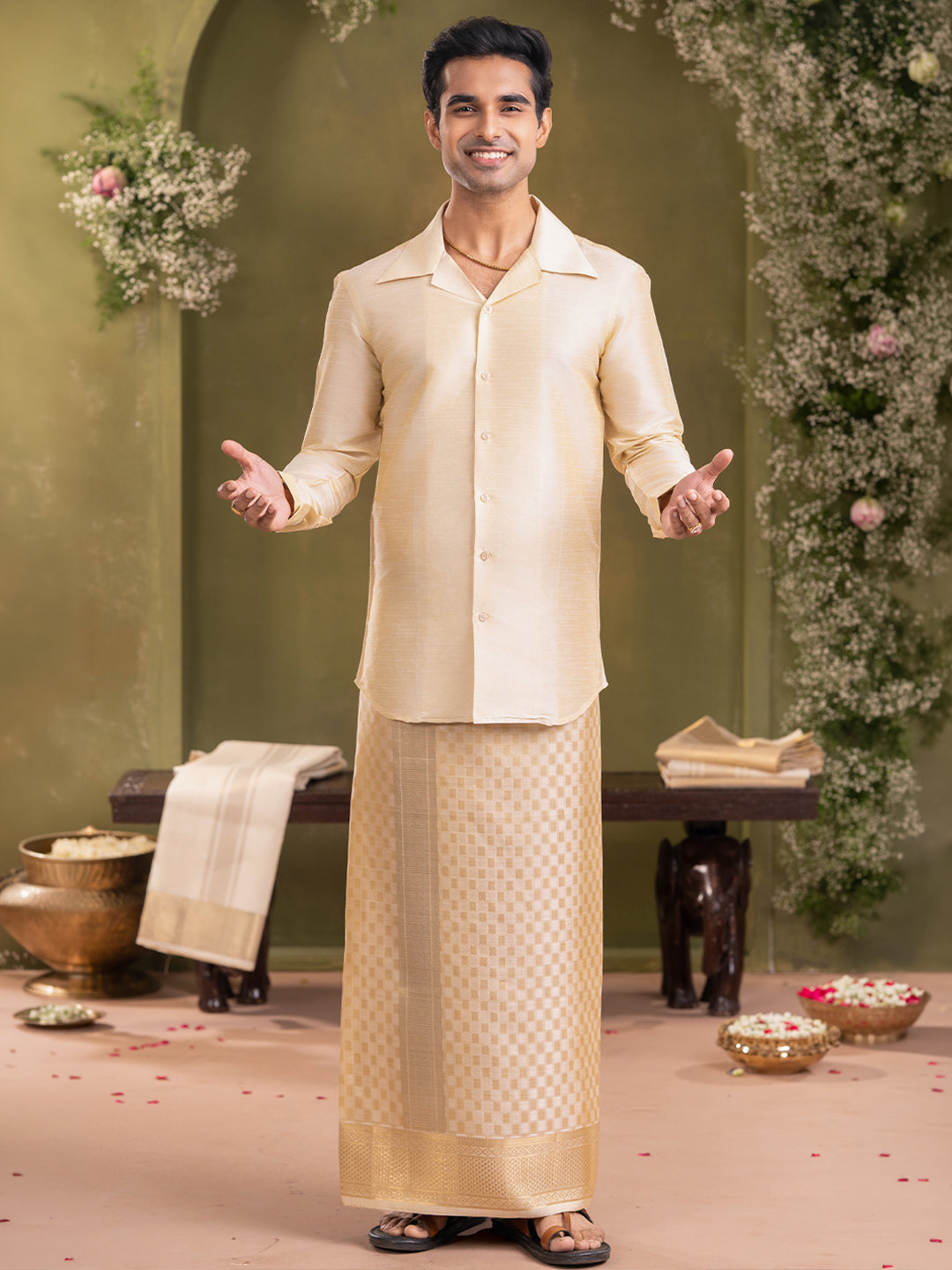 Pure Silk Silver Jari with 4" Gold Jari Dhoti - Kalasam