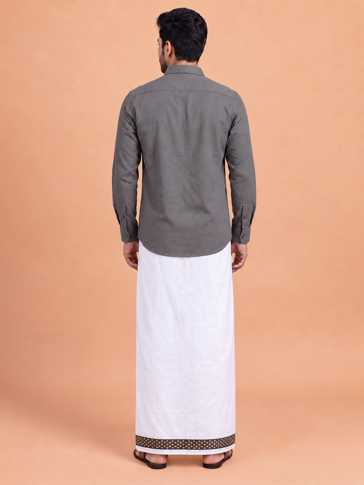 100% Cotton Shuttle Grey Shirt and Colour Jari Border Dhoti Set BT6