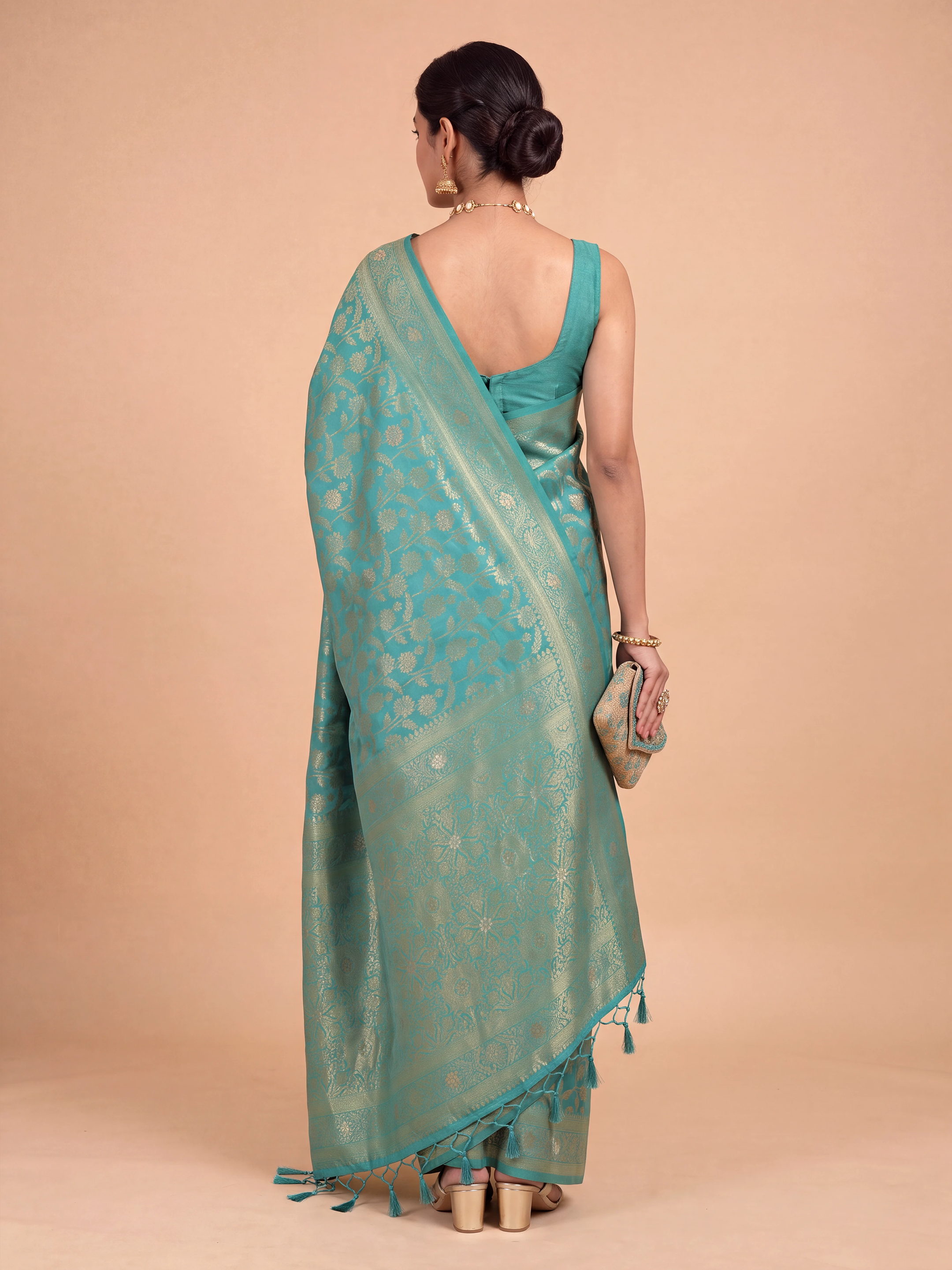 Women Semi Tussar Aqua Green Saree ST355