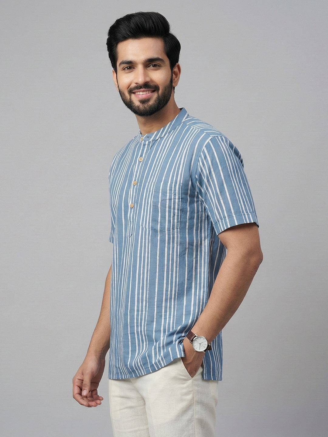 Men Cotton Short Length Pocket Kurta Mid Blue OG5
