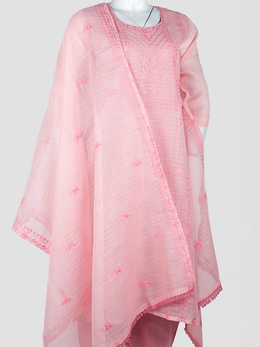 Women Cotton Embroidered Kurti Set Light Pink EKS44