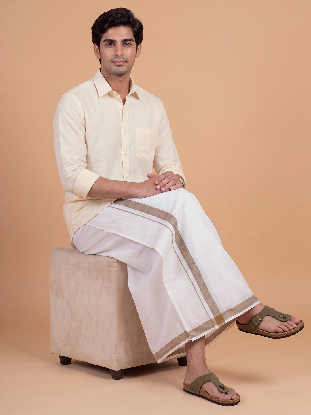 Double Layer Pure Linen White Dhoti with Gold Jari Border - Europian Gift 3.90m