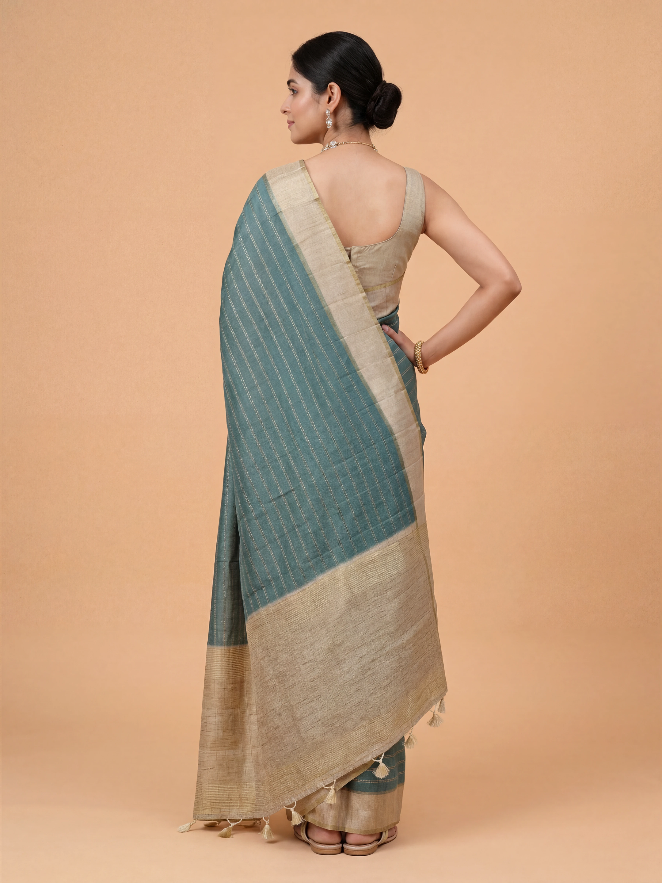 Women Semi Tussar Teal Green Saree ST333