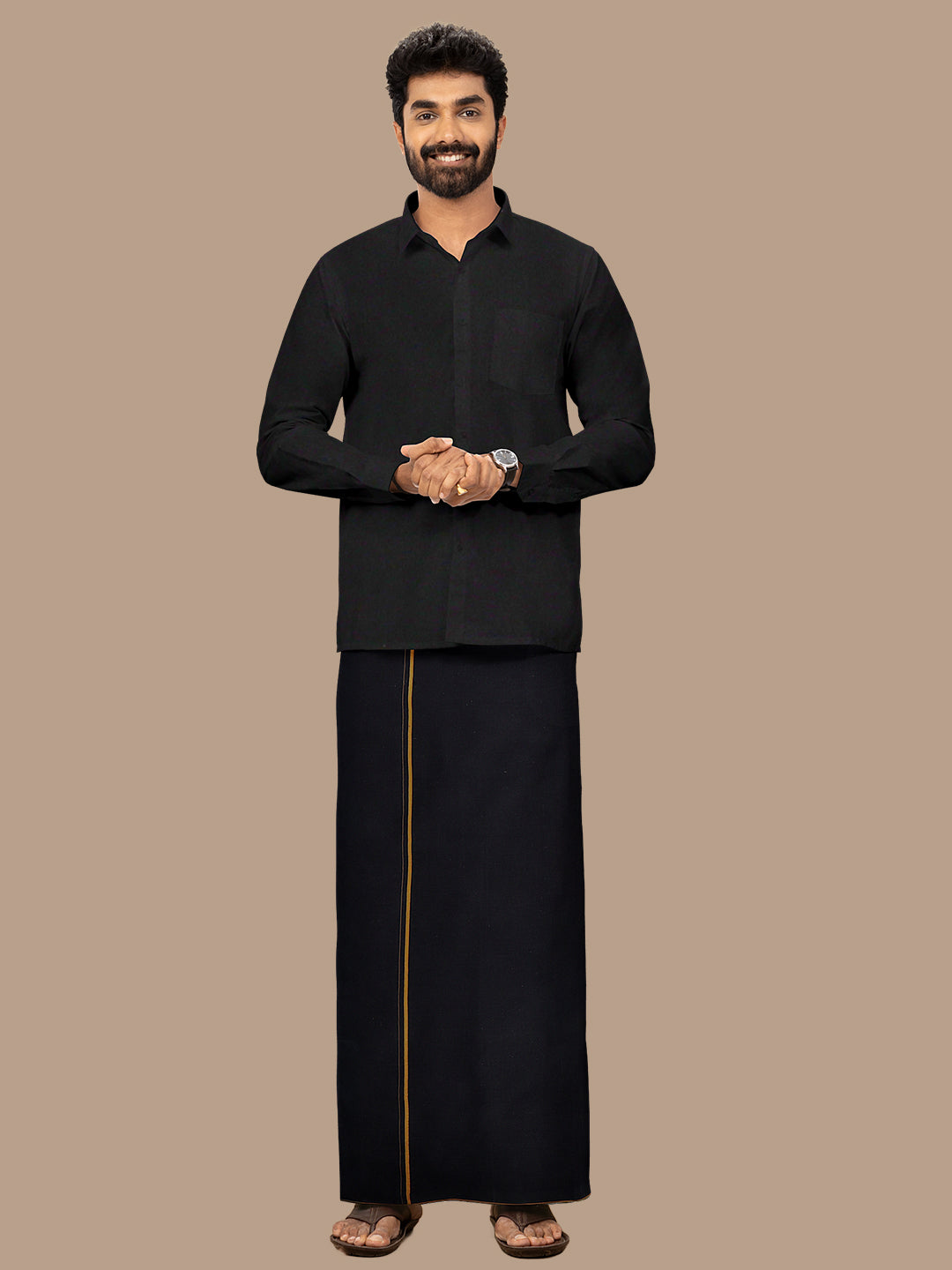Men 100% Cotton Single Layer Black Dhoti with Assorted Border Poojan SB