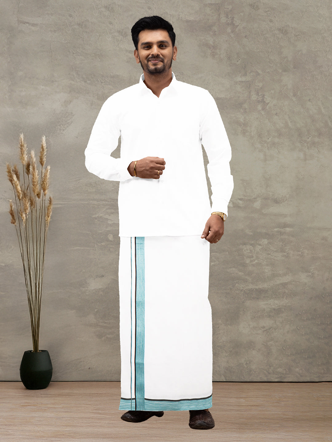 Men 100% Cotton Double Layer White Dhoti with Fancy Border PMF8