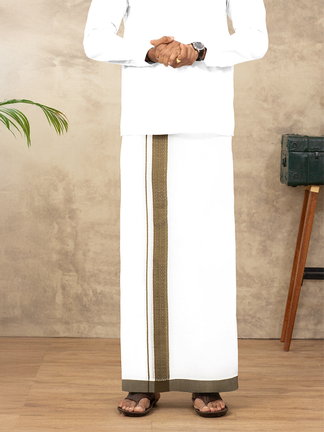 Men Cotton Blend Double Layer White Dhoti with Fancy Border TF06