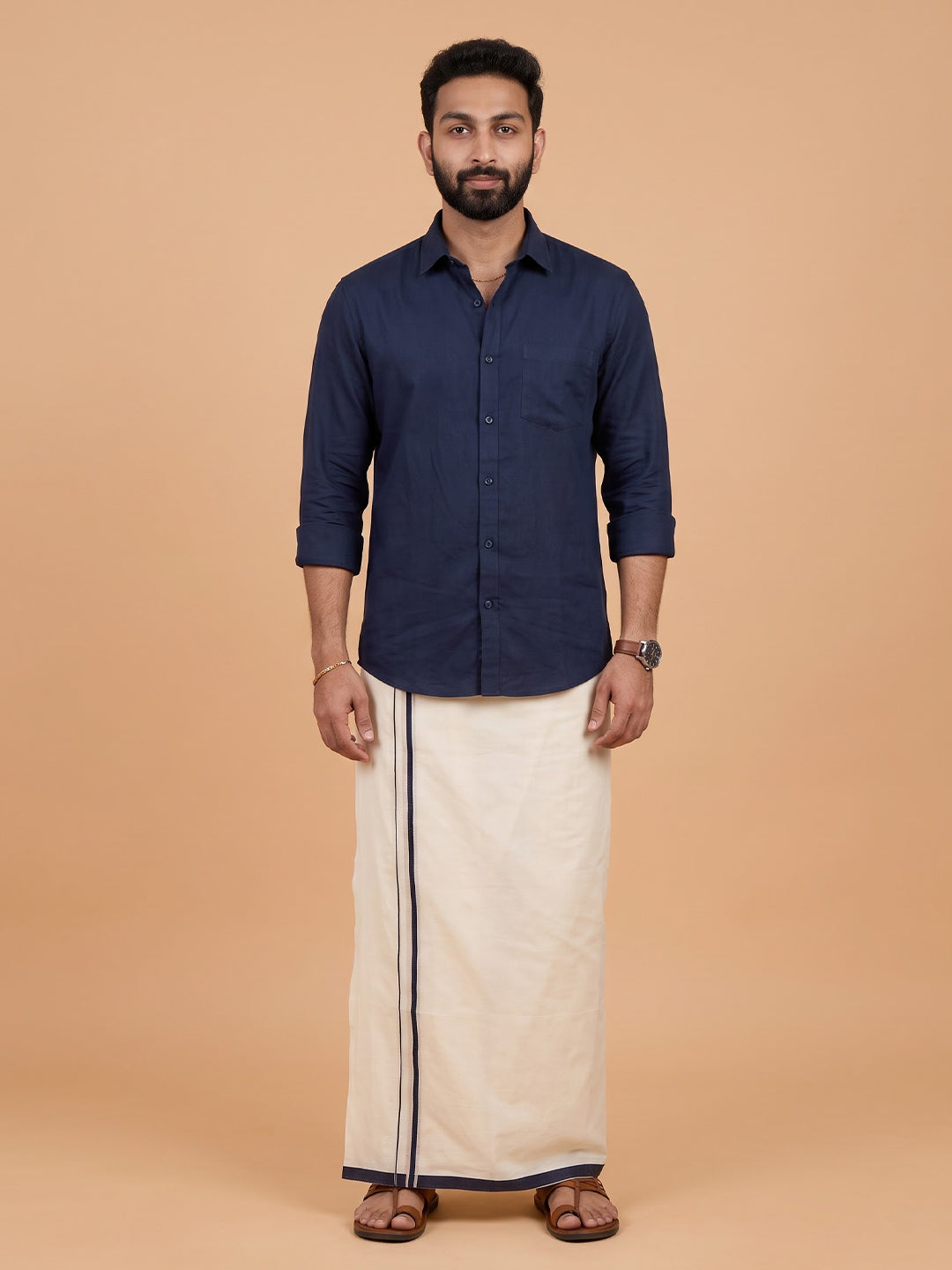 Double Layer 100% Cotton Cream Kora Dhoti with Colour Border - BJK01