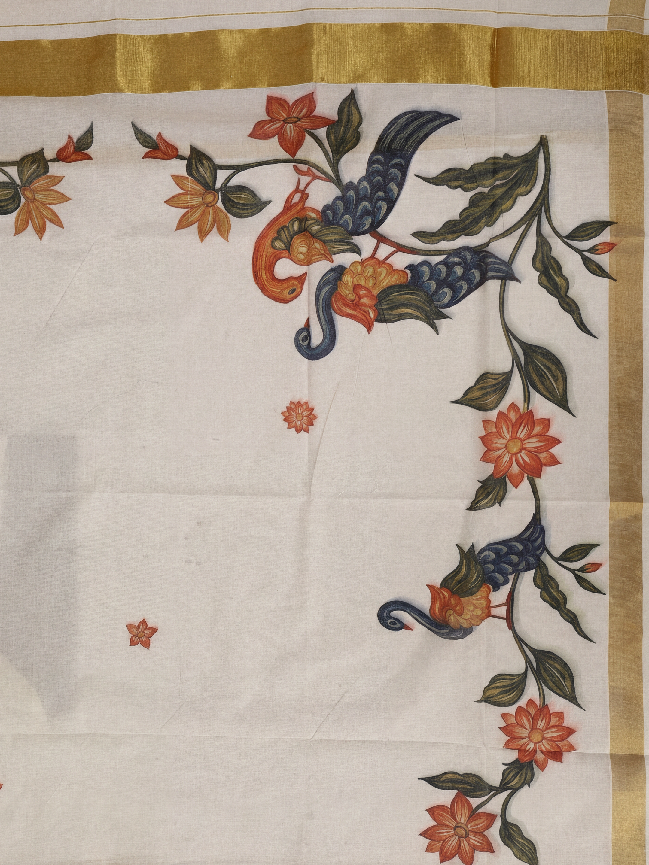Women Kora Cotton Cream Floral Printed Kerala Saree KLS09