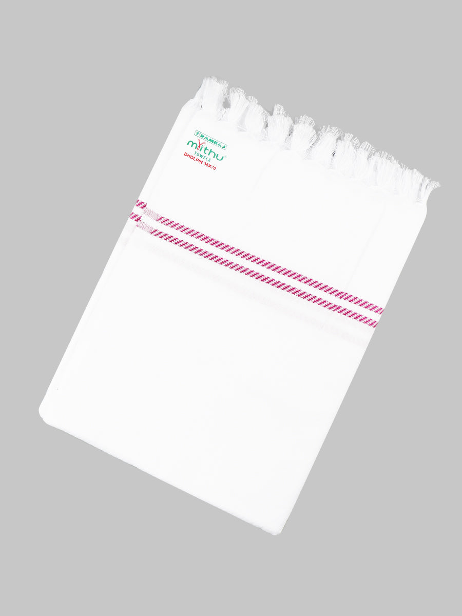 Dholpin Cotton White Bath Towel-Pink