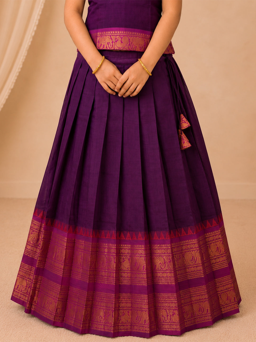 Girls Cotton Dark Purple Pattu Pavadai Set GPS57