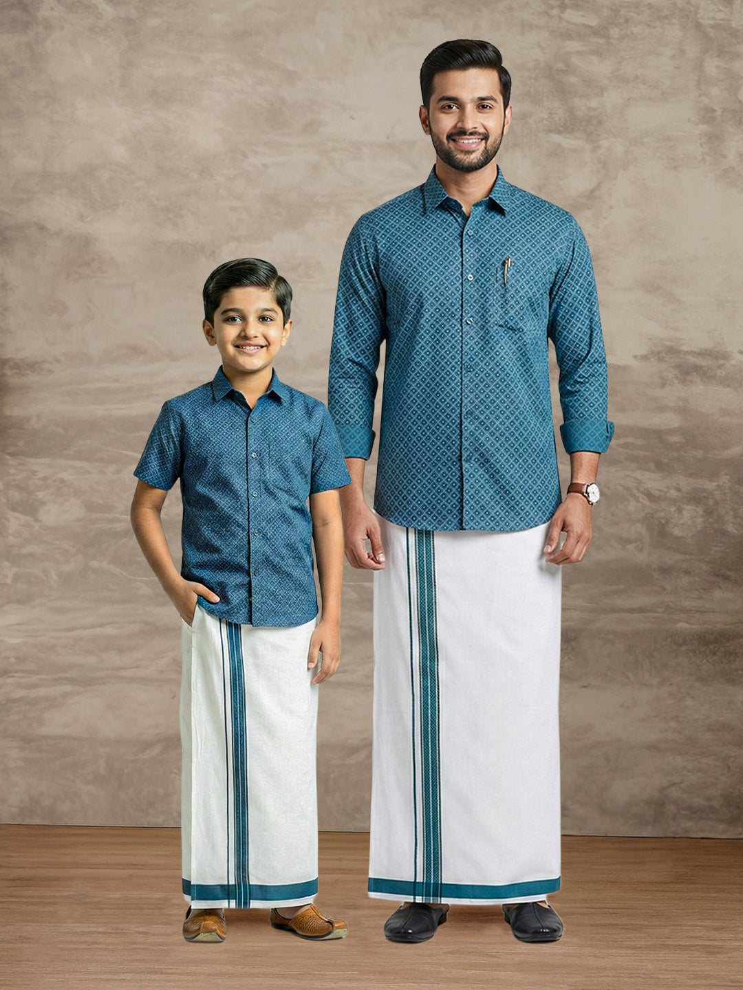Like Father Like Son Matching Border Dhoti with Printed Shirt Combo Set Teal Blue PS27