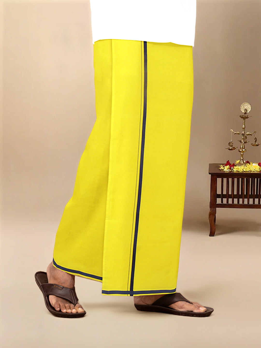 Men Cotton Blend Single Layer Yellow Dhoti & Towel Set with Navy Border Poojan