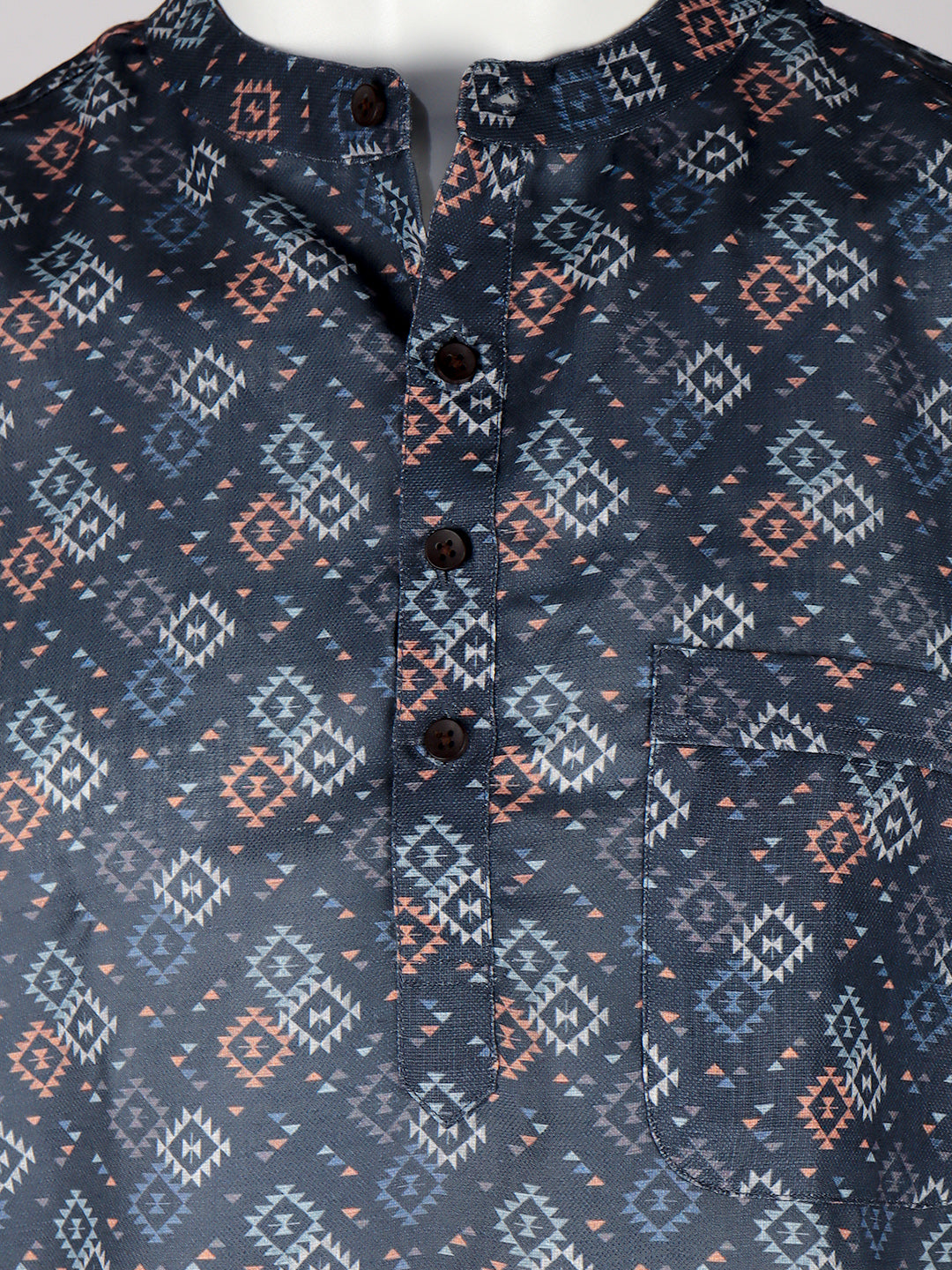Men Cotton Short Length Printed Pocket Kurta Cadet Grey RI03