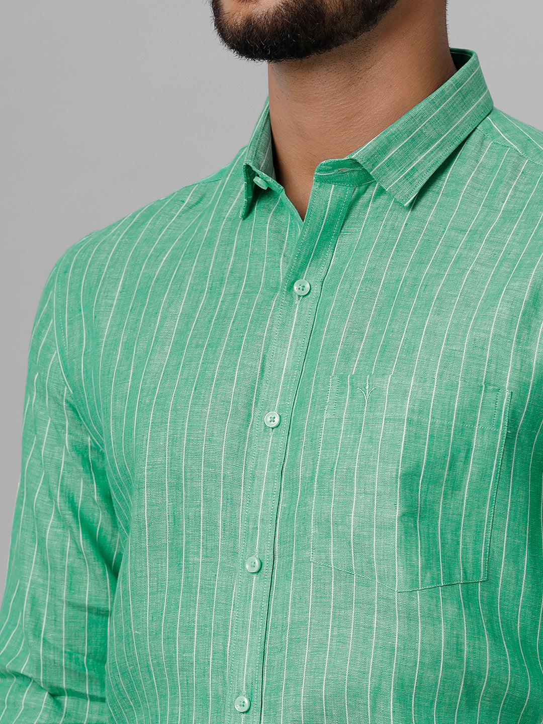 Mens Pure Linen Striped Full Sleeves Green Shirt LS12-Zoom view