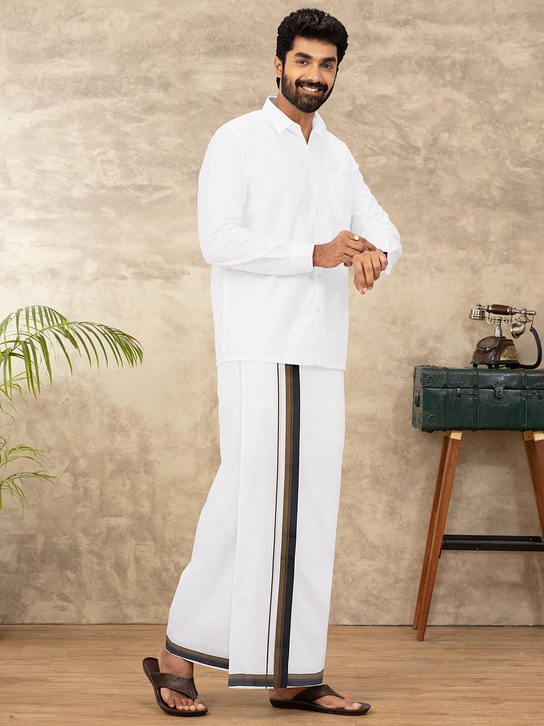 Men 100% Cotton Double Layer White Dhoti with Fancy Border EF07
