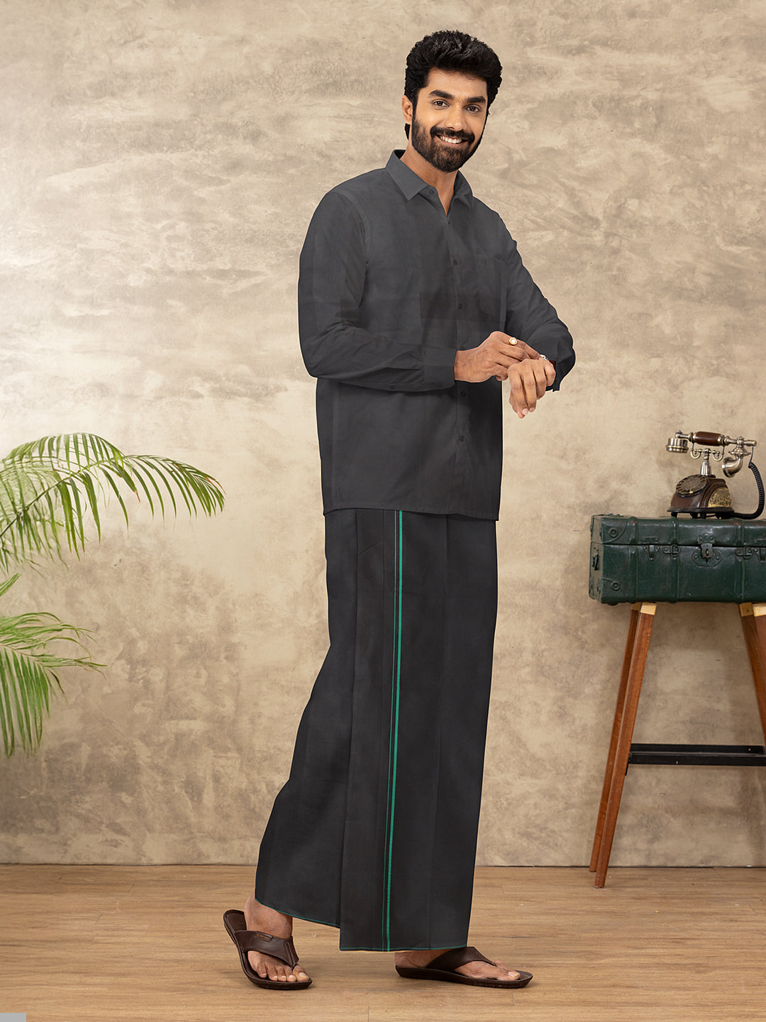 Men Cotton Blend Single Layer Black Dhoti & Towel Set with Green Small Border Sudhan