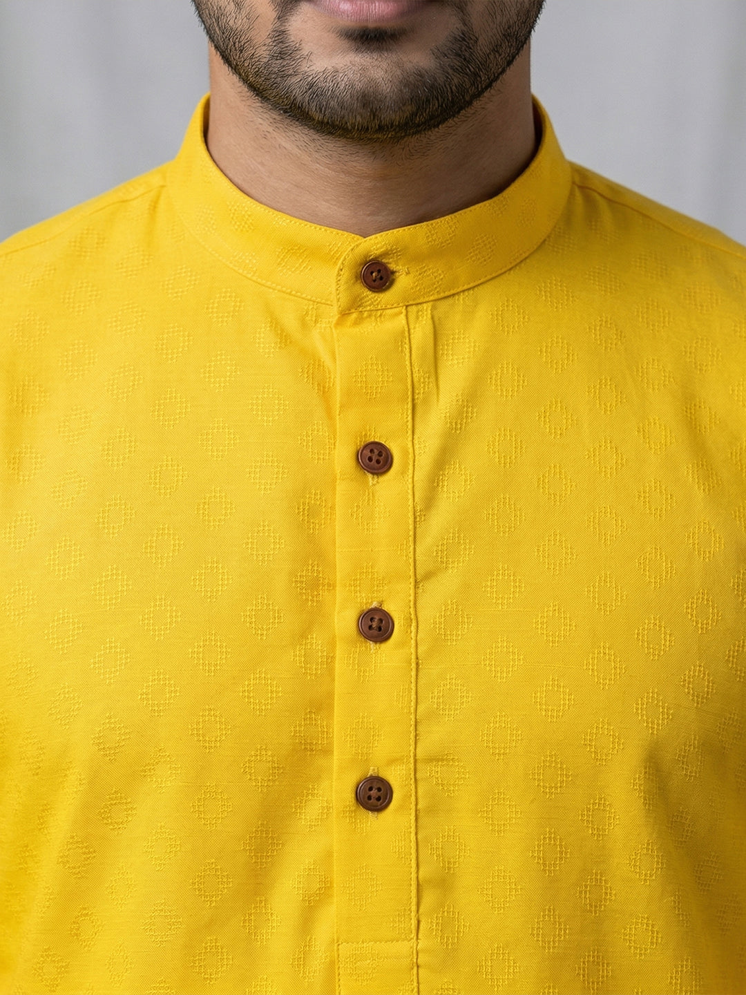 Cotton Medium Length Self Design Pocket Kurta Yellow D5